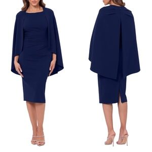 NEW BETSY & ADAM Navy SCUBA CREPE Ruched CAPE Overlay SHEATH Cocktail DRESS 4